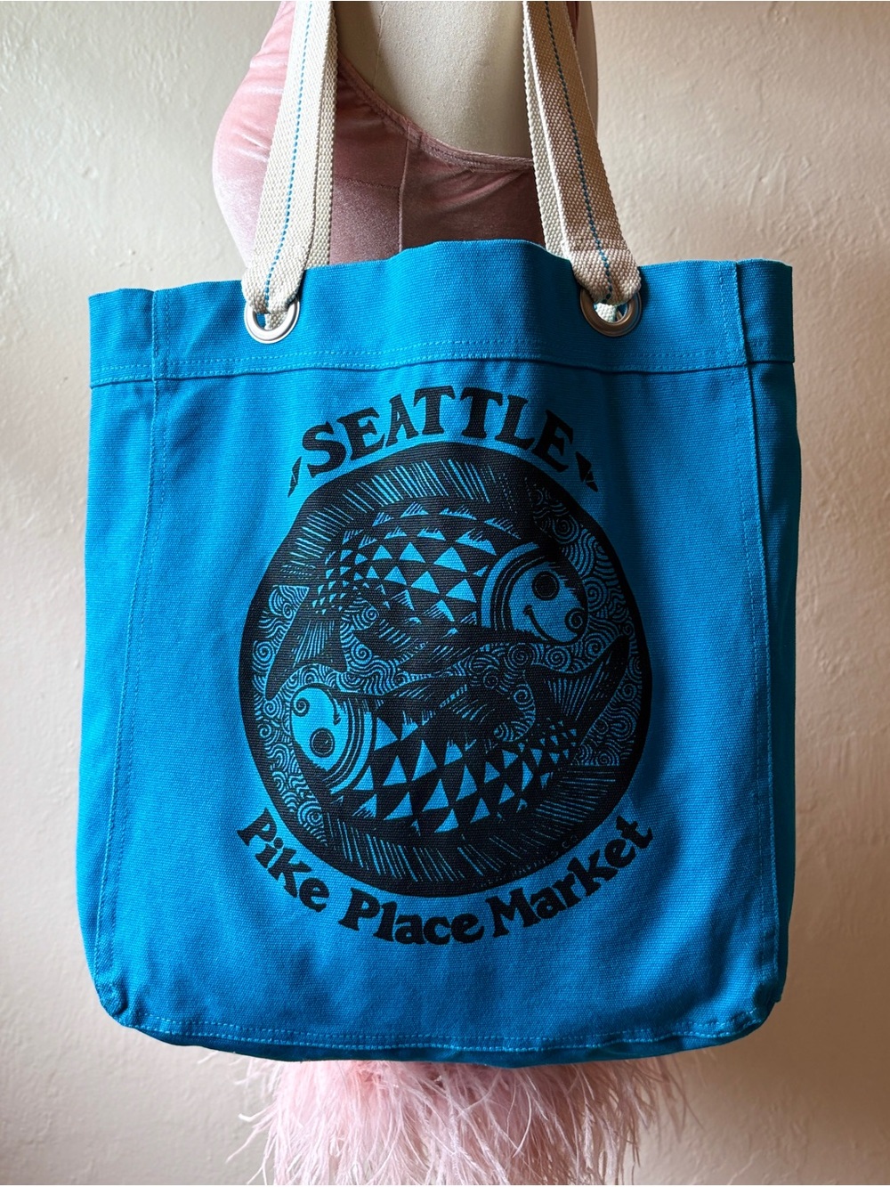 Vintage Y2K Seattle Pike Place Market Fish Teal Deluxe Canvas Tote Saragraphics